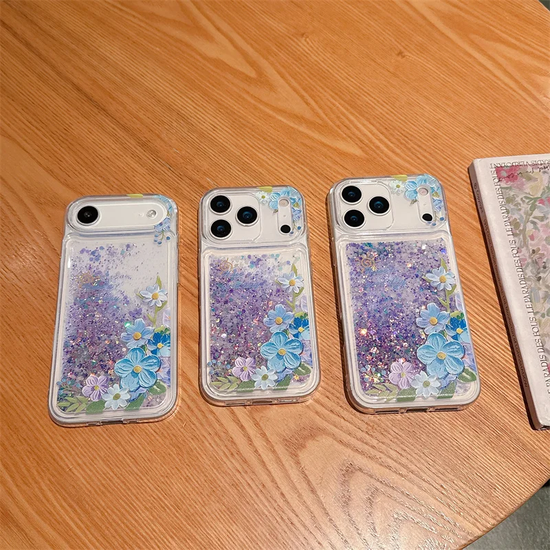 เคสโทรศัพท์ iPhone 17 16 15 Pro Max ลายภาพวาดสีน้ำมัน ประกายกลิตเตอร์ ทรายไหล เคลือบเงา วัสดุเหลว