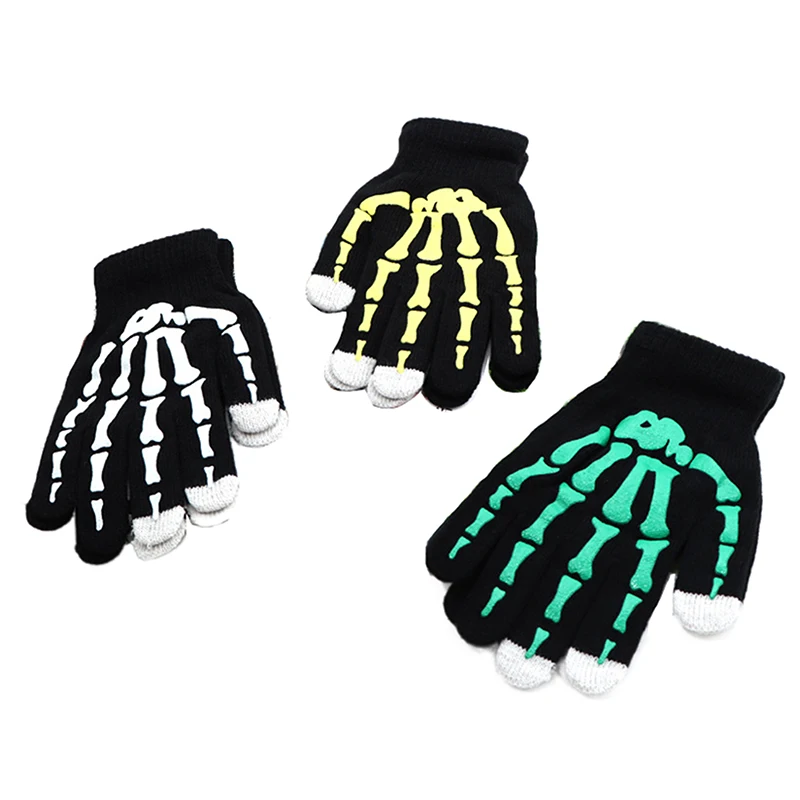 Nuevos guantes Punk Unisex Halloween esqueleto calavera guantes de dedo completo que brillan en la oscuridad guantes de invierno de punto elásticos sin dedos