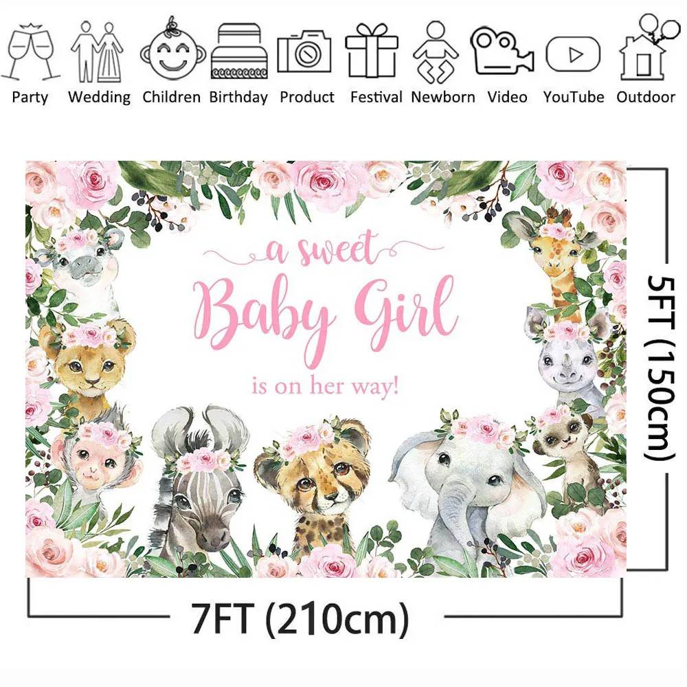 Mocsicka cenário de chá de bebê, uma doce menina está em sua maneira, animais da selva, fundo fotográfico, safari, festa de aniversário, decoração personalizada