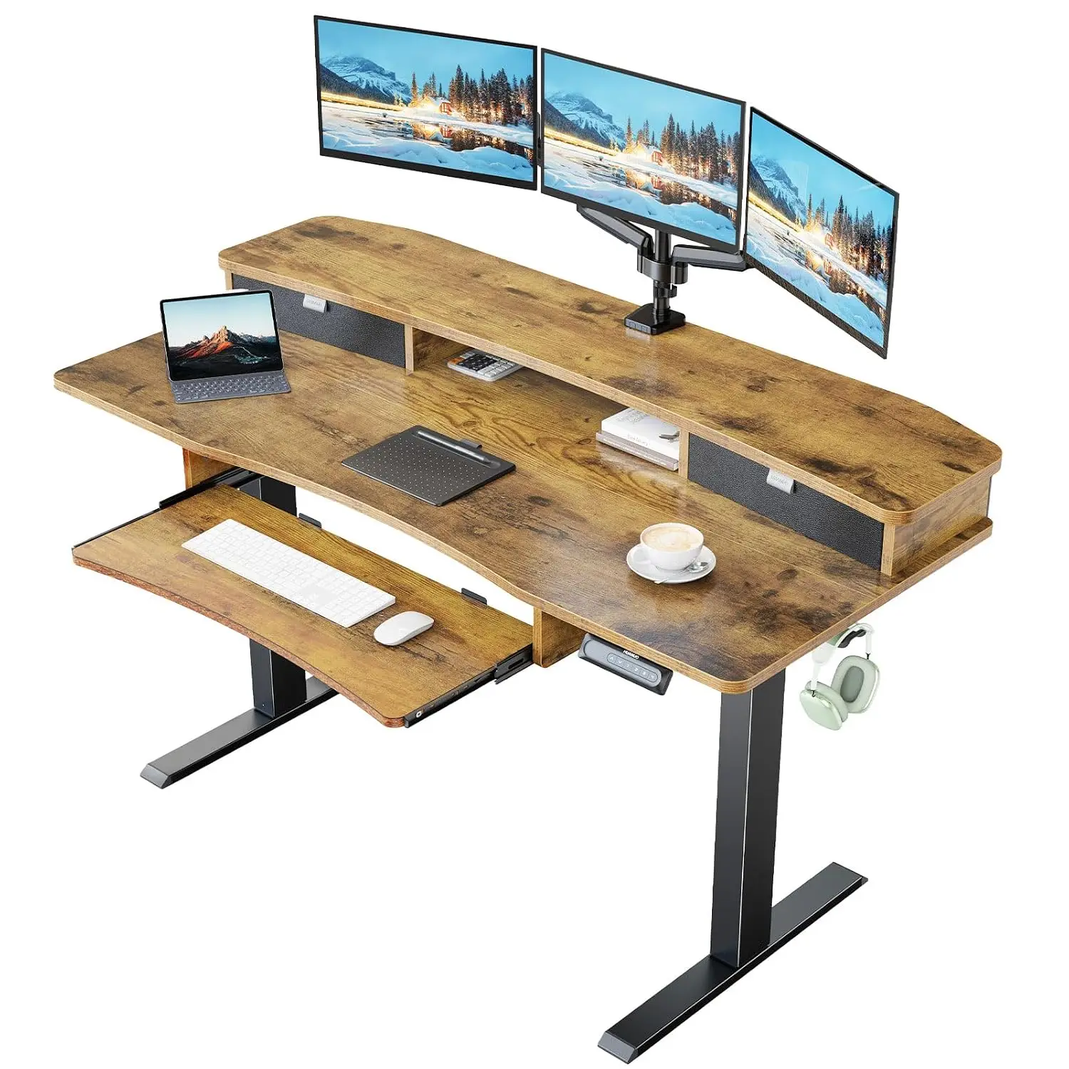 Electric Standing Desk 2 Drawers & Keyboard Tray, 55x26 Inch Height Adjustable 27.9-46.8 Inch, C-Clamp Mount, Customized