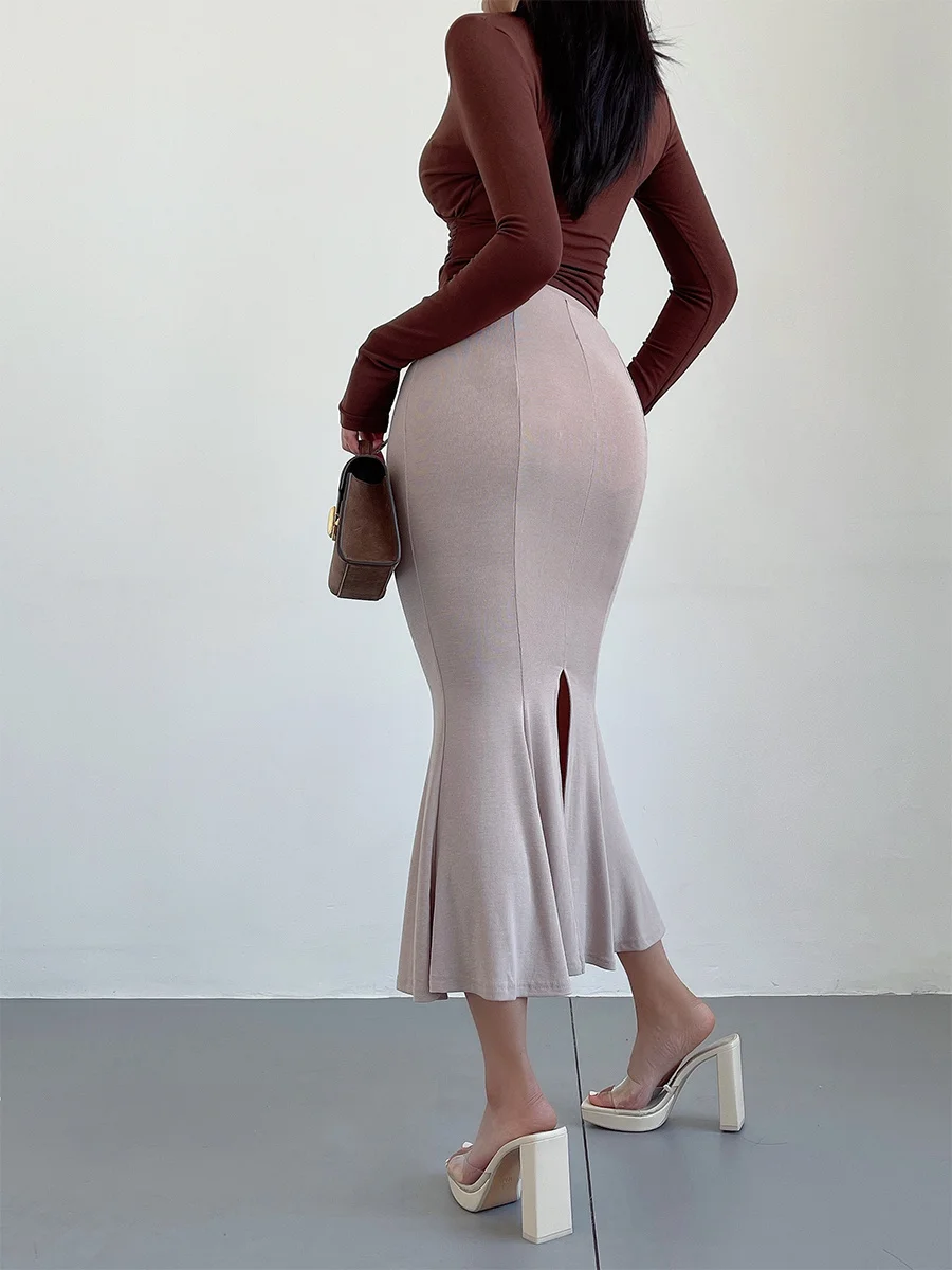 

Sexy Casual High Waist Slim Fishtail Skirt Women Mid-length Split Buttock Skirt Fashion Women Skirts Long C895