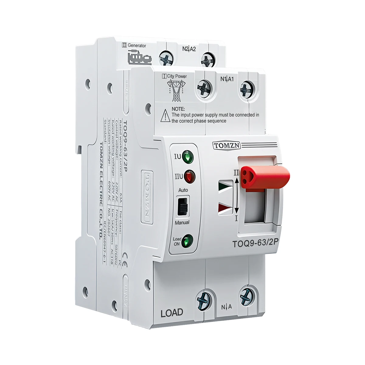 TOMZN TOQ9 2P AC230V 63A Auto Manual Small DIN Rail Uninterrupted Changeover Swicth Generator To City Power Dual Power Swicth