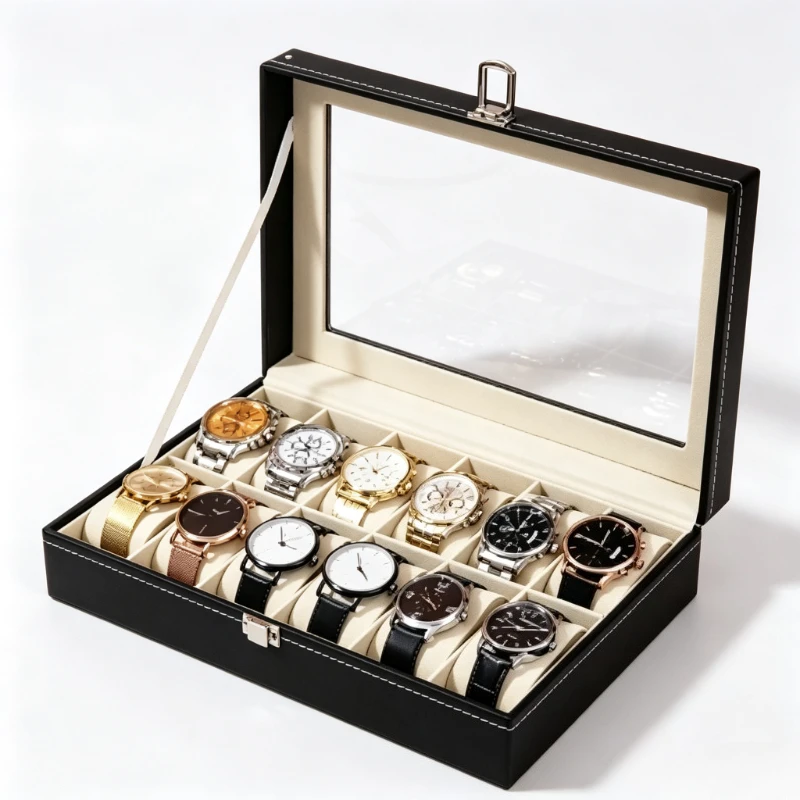 12 Slot Synthetic Leather Watch Display Case 1pc Watch Organizer with Lock Removable Pillows for Men Travel Gift