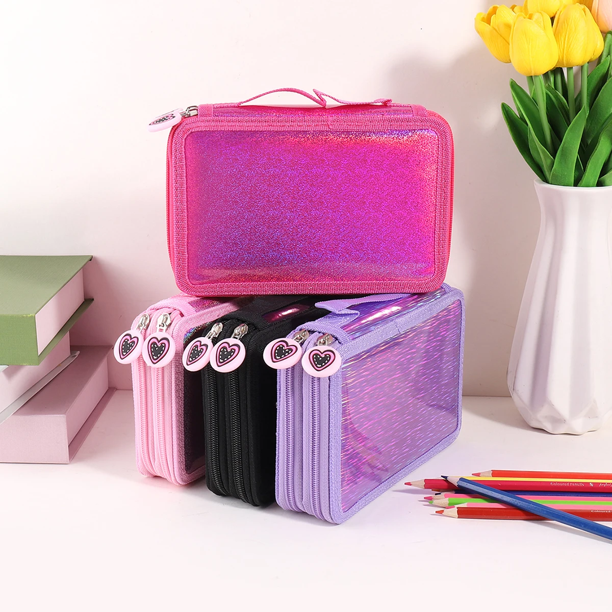 

2-layer glossy heart-shaped zipper retro pencil case, suitable for storing office supplies and study accessories, DIY gift