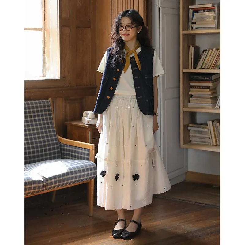 Johnature Spring Summer New Embroidered Floral Half Skirt For Women Casual Elastic Waist Versatile Forest Girl Half Skirts