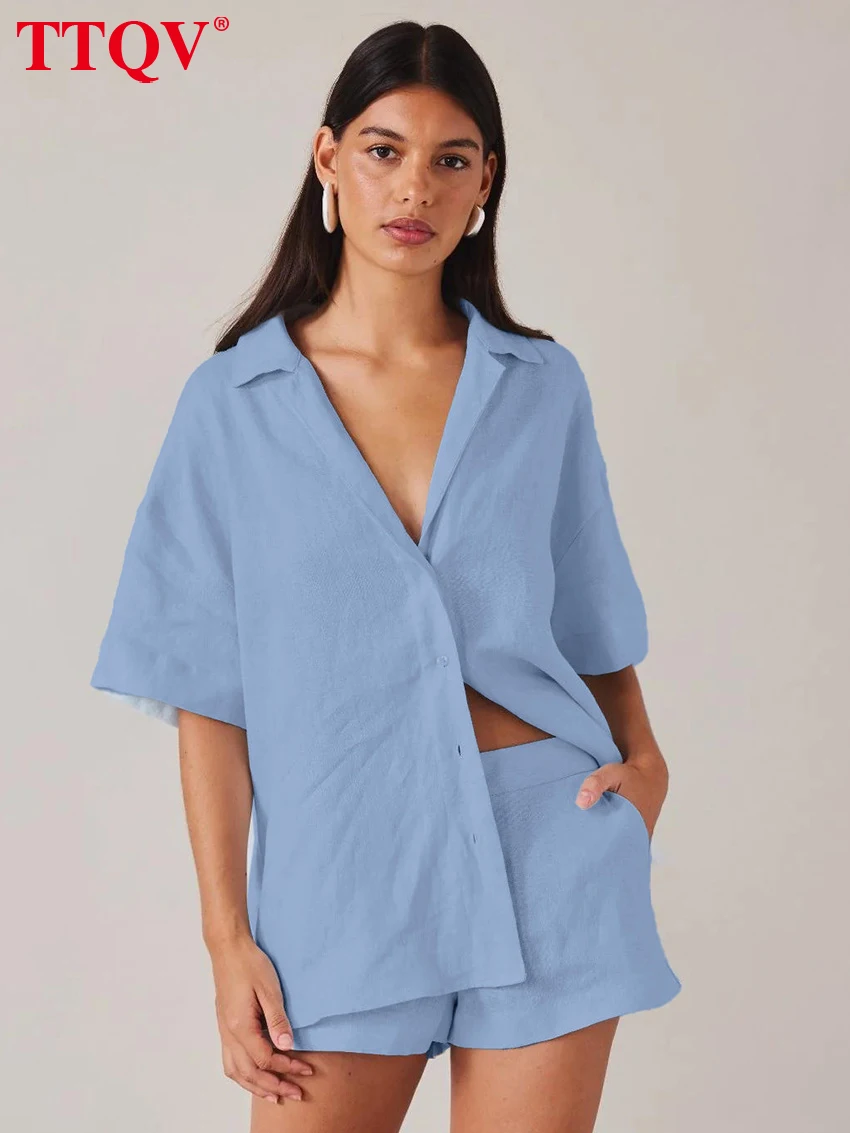 

TTQV Fashion Loose Blue Cotton Shorts Sets Woman 2 Pieces 2026 Elegant Half Sleeve Shirt With High Waist Shorts Set Female