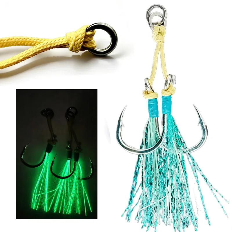 

10pairs Luminous Double Assist Hooks Glow in Dark Fishing Jig Hooks with Flash Tinsel Heavy Duty Saltwater Jigging Hook for Tuna