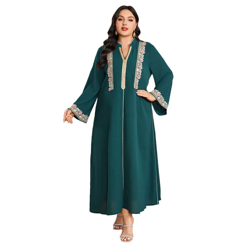 DD23033 Muslim new V-neck ice silk wrinkled loose long sleeved dress robe