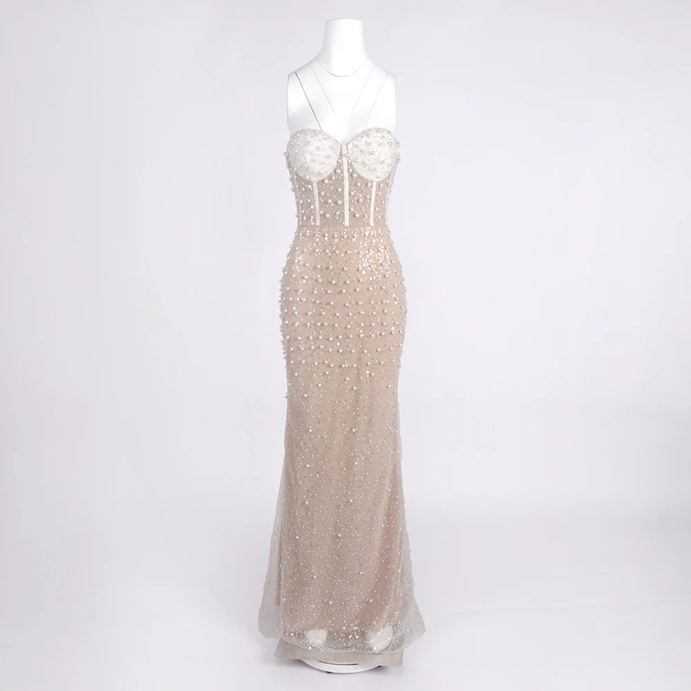 Luxury Crystal Beaded Evening Dresses – Elegant Sleeveless Bustier Pearls Long Prom Dress Wedding Party Maxi  Vestidos