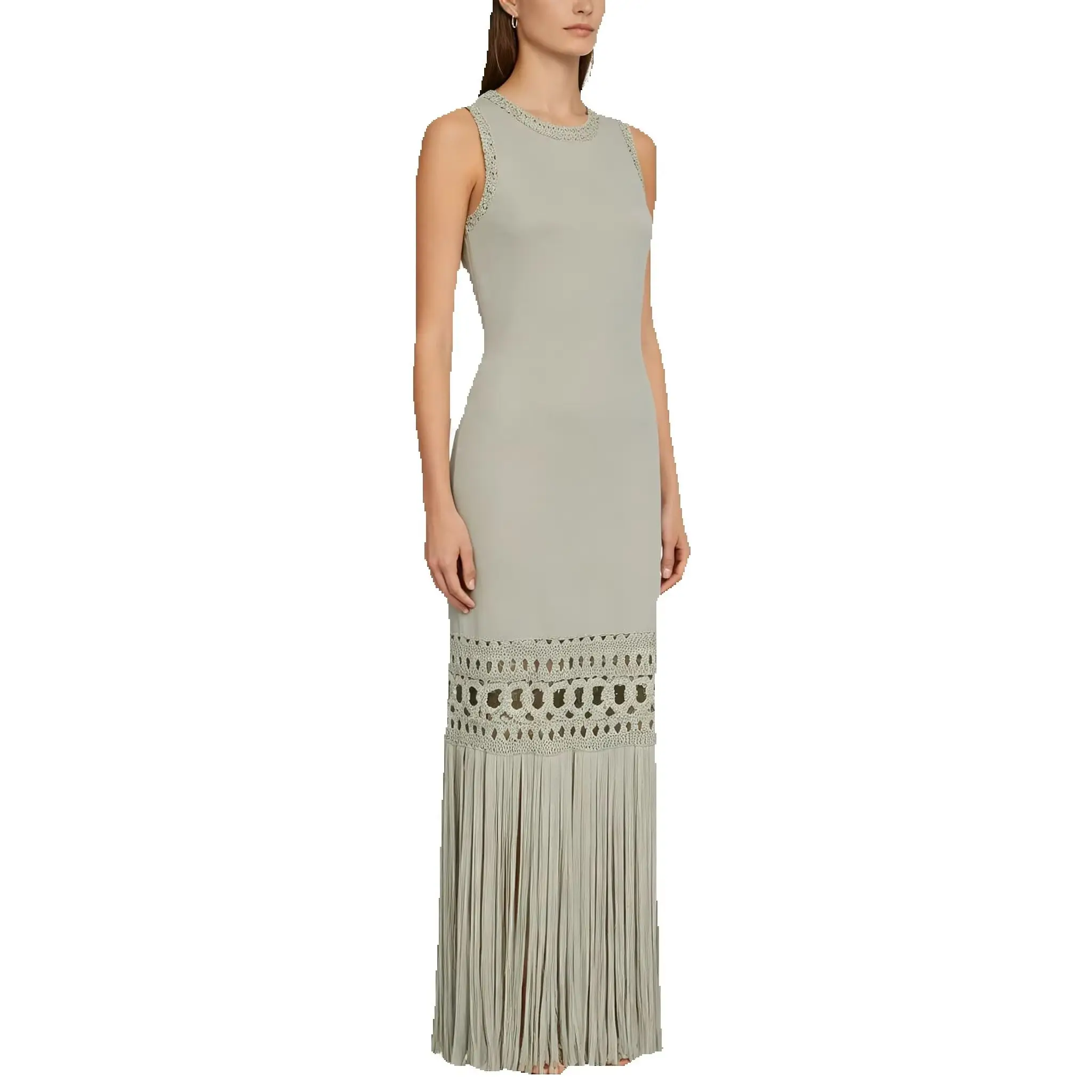 26143 Premium Gestricktes Langes Kleid für Damen Rundhals Ärmellos Exquisite Lange Quasten-Verzierung Schlankmachendes Sommerkleid