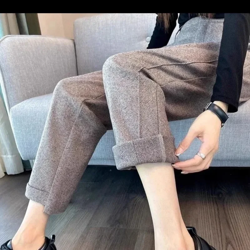 ارتفاع الخصر مستقيم الساق السراويل الصوفية المرأة الخريف الشتاء تنوعا فضفاض التخسيس إخفاء حجم صغير تسعة أنبوب السراويل