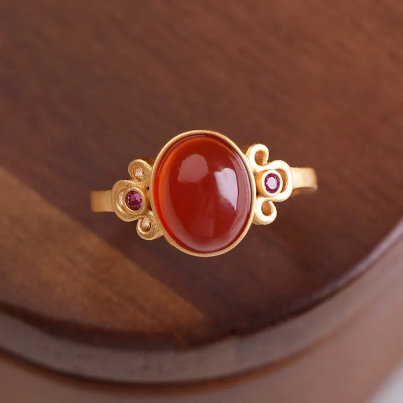 

Creative Design Ancient gold crafts Inlaid Natural Red carnelian oval New in rings for women Simple Opening Retro Jewelry