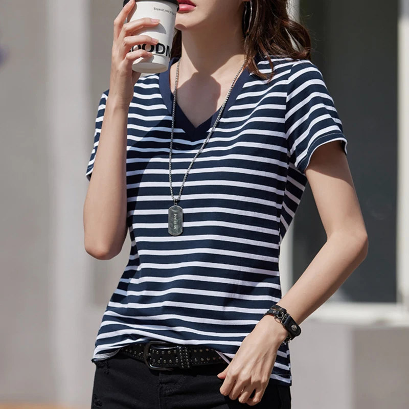 Cotton Short Sleeve Tshirt Women Striped Basic T Shirts Korean Fashion Woman Clothes Summer V Neck Top Casual Tee Shirt Femme