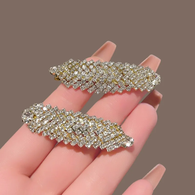 Hair Clip French Chic Sparkling Rhinestone Teardrop Feather Silver Metal Medium Lightweight Women Side Bangs Hair Accessory
