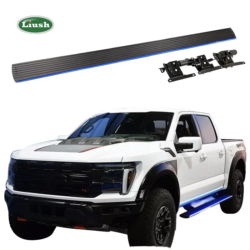 F-150 2015-2016 Electric Anti-pinch IP8 Waterproof Aluminum Alloy Retractable Full Set Side Step Running Board All Black