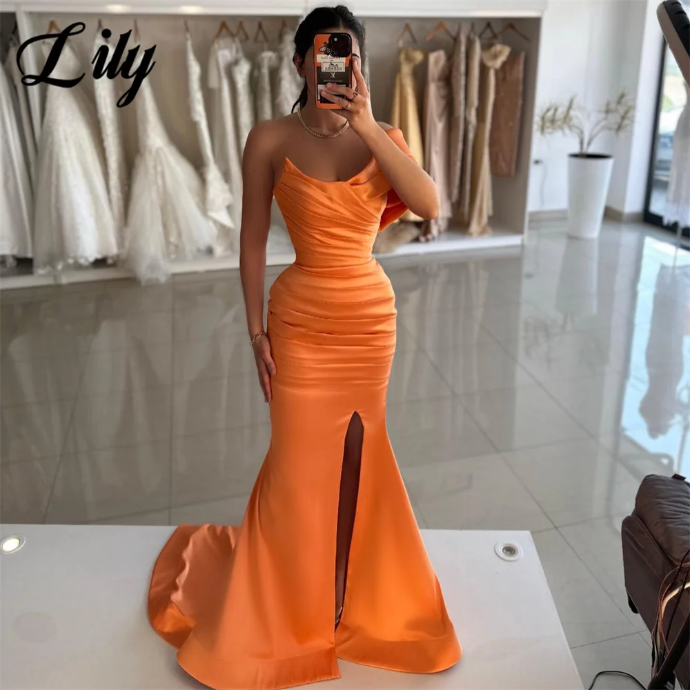 Lily Orange Prom Dress One Shoulder Stain Celebrity Dresses Side Split Evening Dress Trumpet Pleats Formal Gown Dresses 프롬 드레스