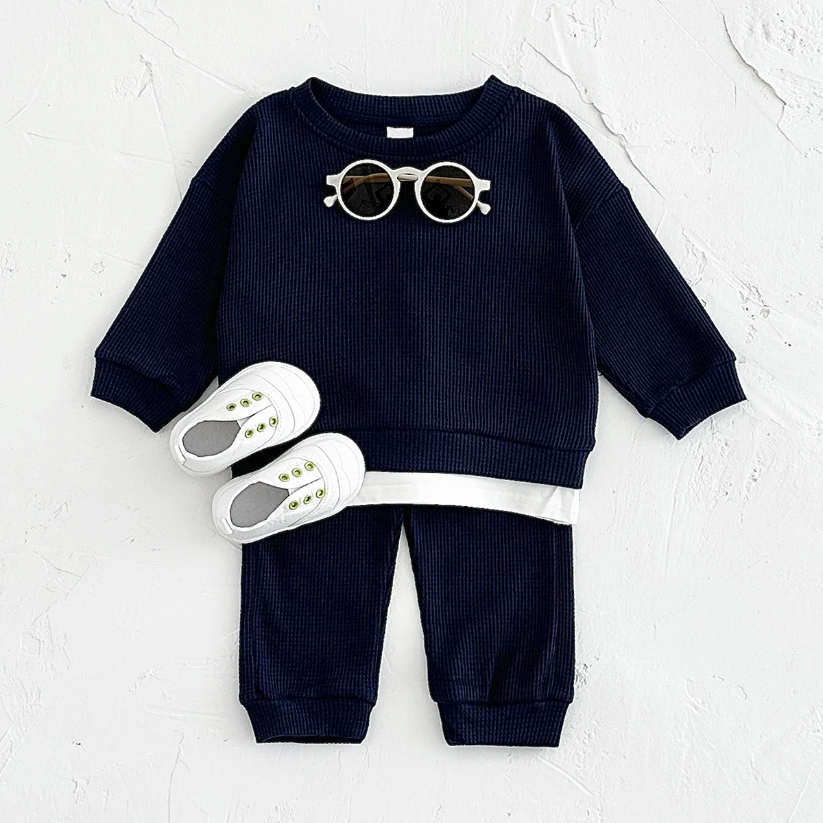 Autumn New Baby Clothes Sets Korea Waffle Cotton Children Clothing Loose Tracksuit Pullovers Top s+Pants 2PCS Infant Baby 0-3Y