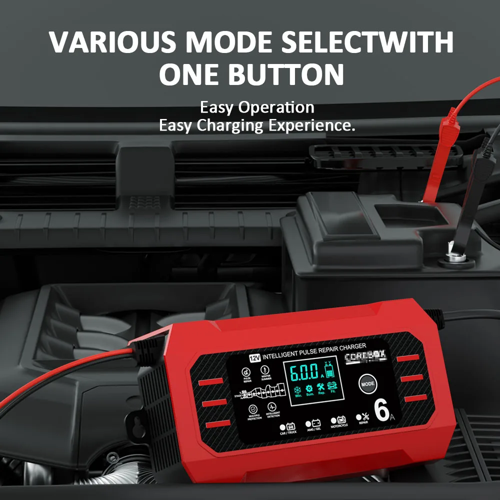 12V 6A Car Battery Charger With Power Recovery Function LED Digital Button Screen Suitable For Automotive AGM GEL Batteries