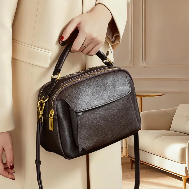 

2026 New Spring Women's Fashion Genuine Leather Small square Handbags Female Luxury Designer crossbody messenger bag Boston bag