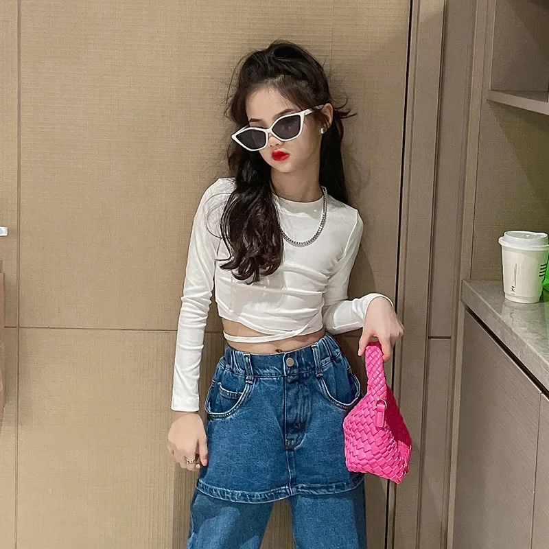 

Весенне-осенняя футболка для девочек, топ с бретелями, подростковая футболка с крестом, детская одежда для малышей, модный детский укороченный топ для детей 5-14 лет