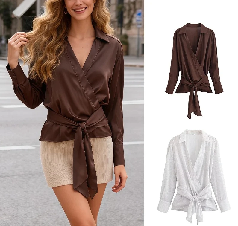 

Women's Wrap Tie-Waist Blouse - Brown Solid & White Striped Options