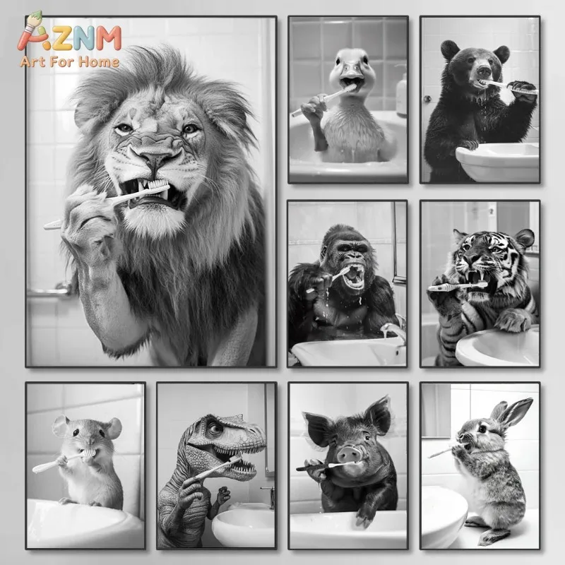 Funny Animals Brushing Teeth Wall Art Set 9 Black White Lion Dinosaur Rabbit Canvas Poster Bathroom Decor Unframed