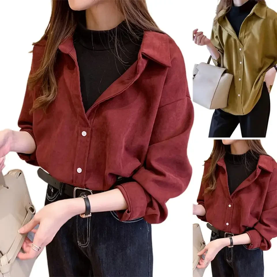 

Autumn/Winter/Spring Women Corduroy Shirts Solid Color Fashion Oversize Casual Loose Casual Button Up Tops Corduroy Shirt