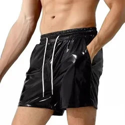 Homens molhado olhar brilhante troncos esportes musculação shorts praia fitness ginásio calças curtas casuais de couro brilhante masculino shorts