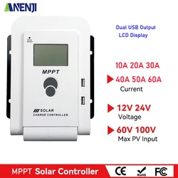 MPPT Solar Controller 20A 40A 60A PV Input 100VDC Solar Charge Regulator for 12V 24V Auto Acid Lithium LiFePo4 GEL SLD Dual USB