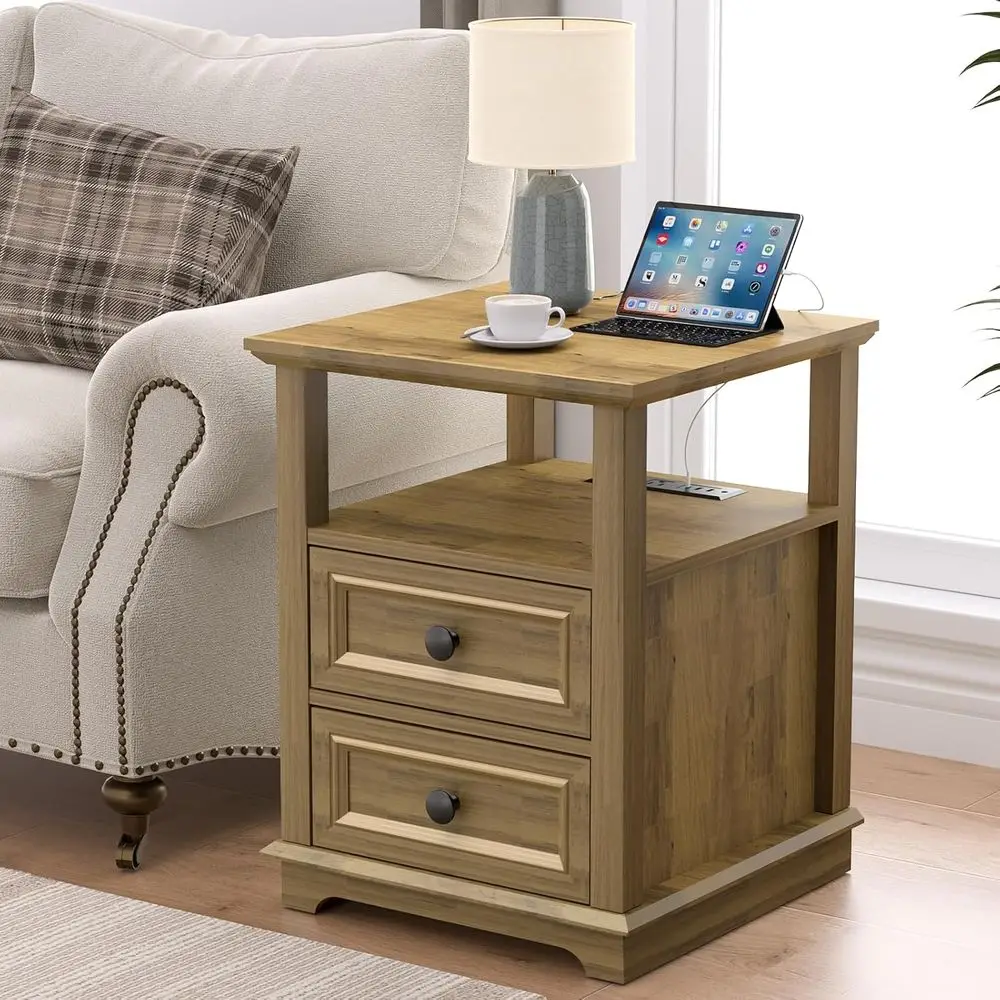 USB-C Charging End Table, Storage Side Table, Rustic Wood Square Cabinet for Living Room, Bedroom, Office, Light Brown