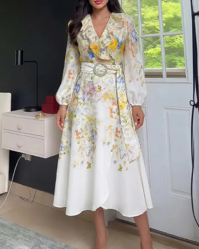 

Women's Dress Summer New Elegant Countryside Style Color Blocked Plant Print Fungus Edge Splicing V-Neck Lantern Sleeve Dress