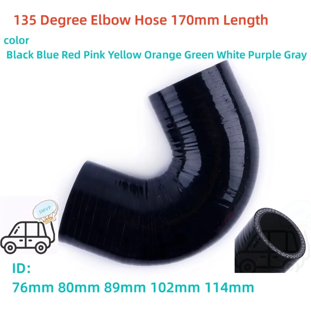 Black 170mm Length 135 Degree Elbow General Hose ID 76mm 80mm 89mm 102 114mm Replacement Silicone Coolant Intercooler Tube 3PLY