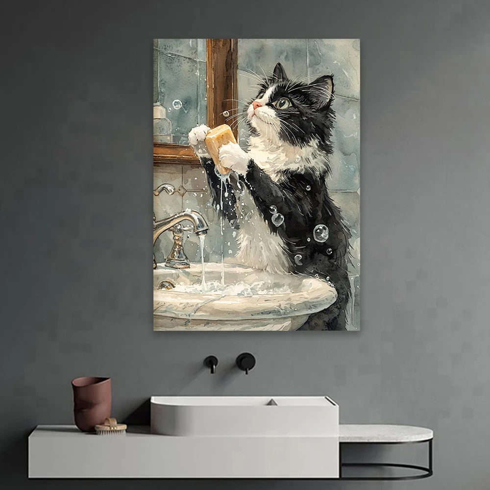 Black Cat Washing Paws in Bathroom Poster Cute Cat Prints Bathroom Decor Black Cats in Bubble Bath Canvas Painting Toilet Decor
