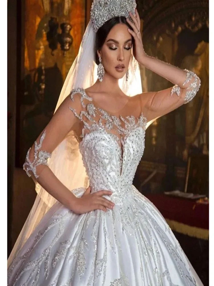 تخصيص مغرفة الرقبة تسلق الخرز الترتر فستان الزفاف Vestidos De Novia طويلة الأكمام العربية Ballgown منتفخ فستان زفاف