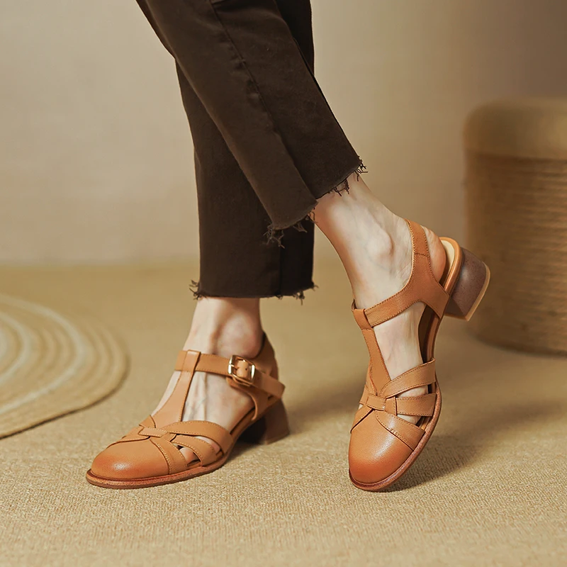 2022 Summer New Genuine Leather Rome Sandals Women Buckle Solid Square Med Heels Shoes Summer Ladies Dress Shoes heels women