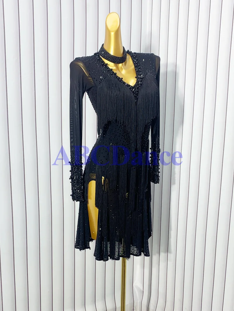 Latin Dance Costume Chacha Dancewear For Competiton Dancing Clothing Black Sexy Dancewear With Fringes And Beads Tube