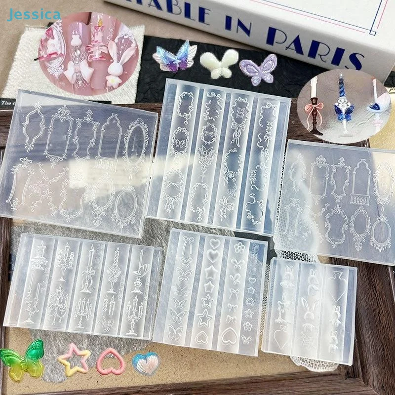 ♥ Molde de silicona 3D para uñas, plantilla de manicura transparente con diseño de hoja de rosa y concha de medusa marina con lazo