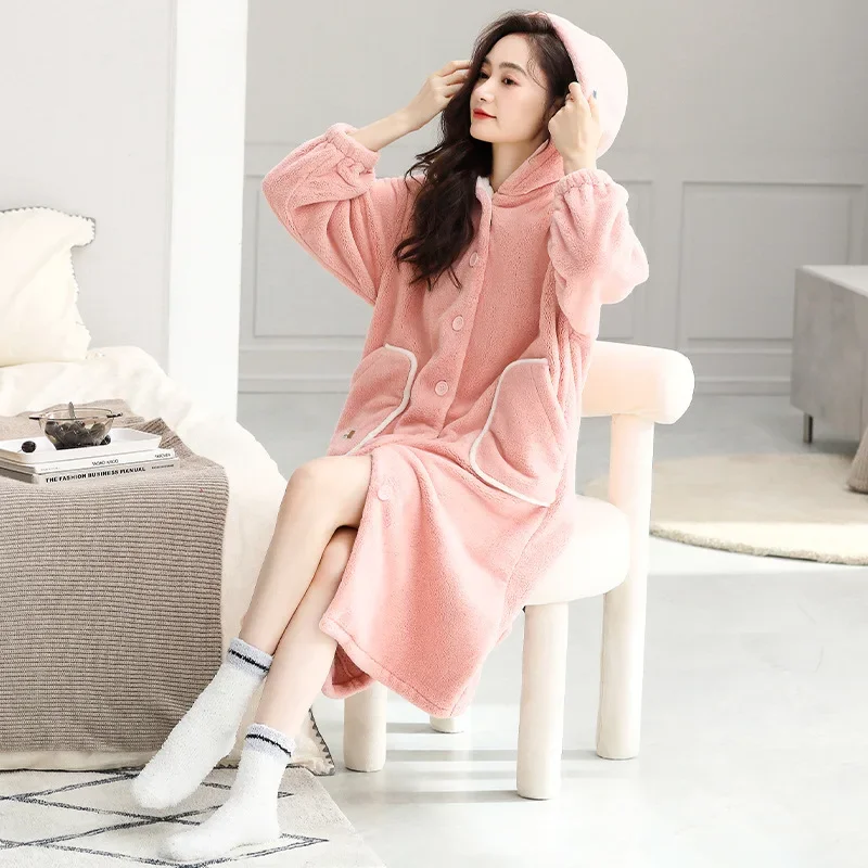 Couple Sleepwear Fall Winter Women\'s Coral Velvet Thick Velvet Hooded Nightgown Large Size Flannel Home Wear Both Men Women