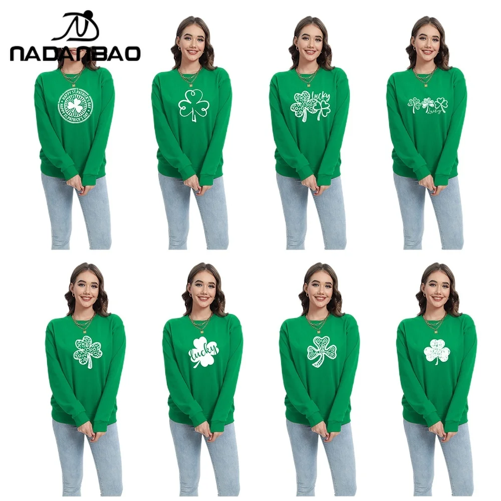 

Женские толстовки с принтом клевера Nadanbao, зеленые топы на День Святого Патрика, повседневные свободные пуловеры, весенняя одежда