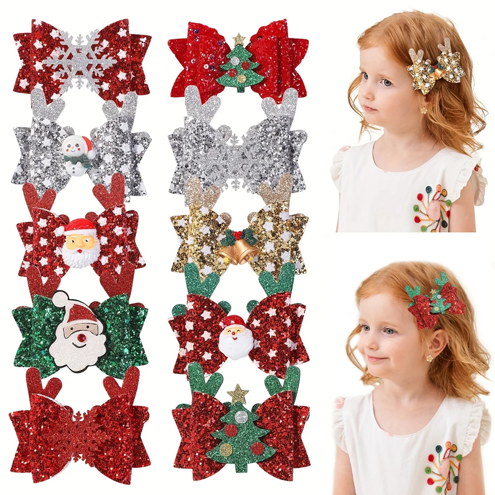 2pcs Glitter Christmas Kids Bows Hairpin for Girls Antlers Printed Fabric Ponytail Clips Christmas Holiday Prom Hair Accessories