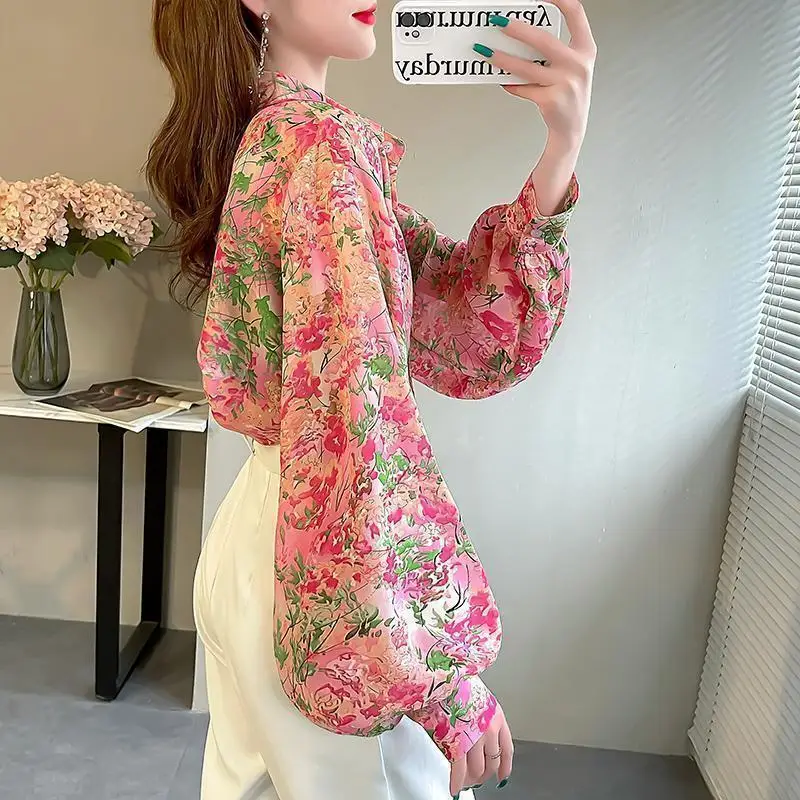 2024 Spring New Fashion Elegant Polo Collar Printed Button Plant&Flowers Loose Chic Long Sleeve Shirts Women's Chiffon Blouses