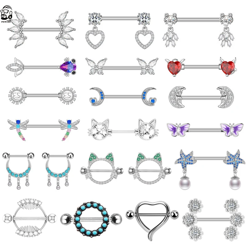 2pcs Cute Cat Breast Shield Cover Bar for Women Red Crystal Heart  Butterfly Nipple Piercing Barbell Stainless Steel Nipple Ring