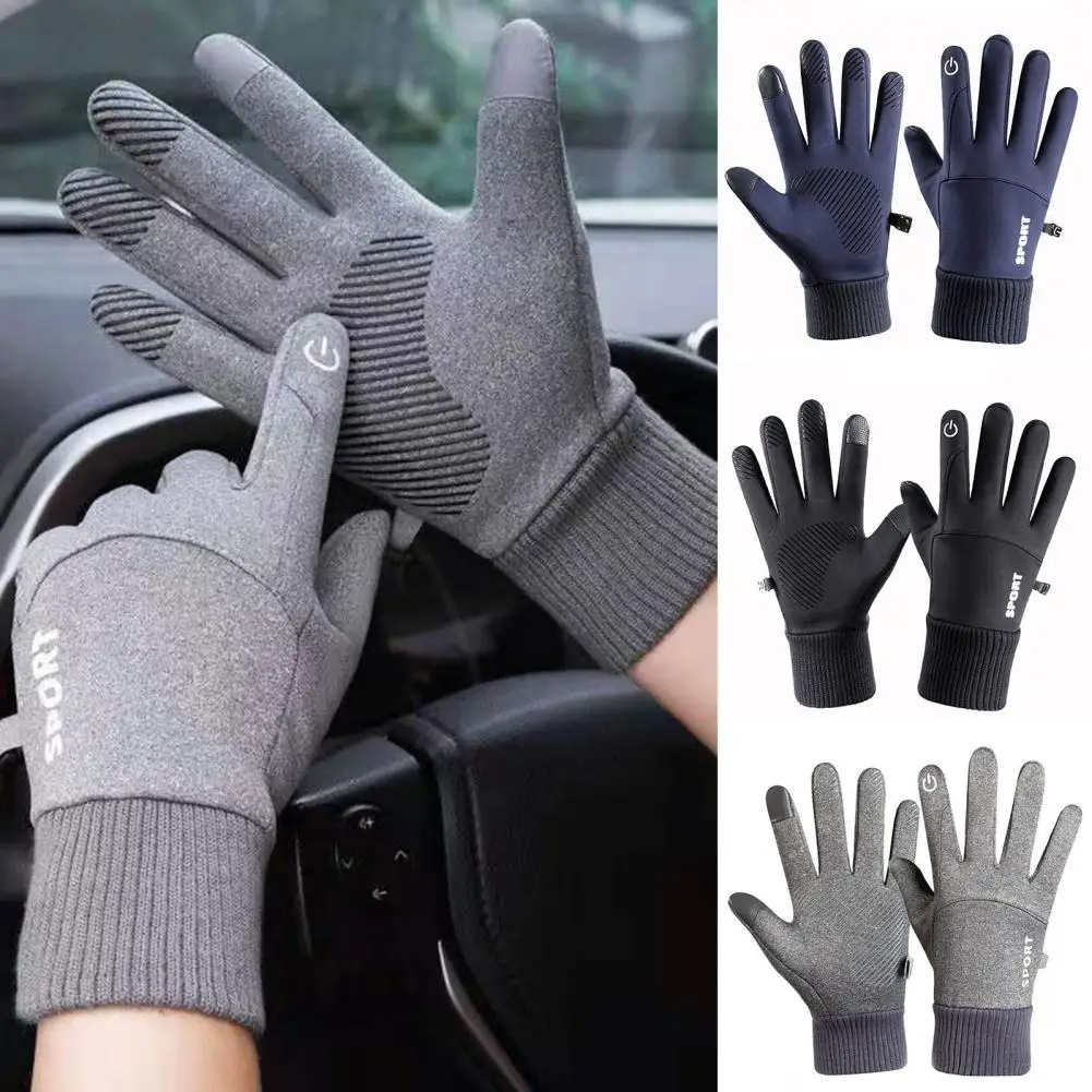 

1 Pair Sports Gloves Ribbed Cuffs Outdoor Gloves Fleece Lined Fishing Gloves Full Finger Touch Screen Men Cycling Gloves