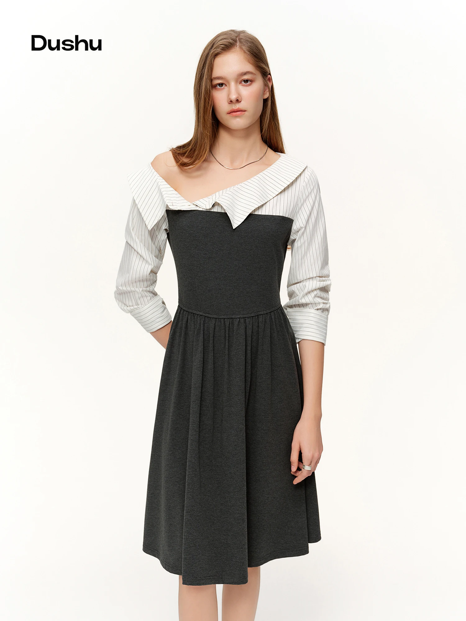 

DUSHU Commuting Style U-Neck Stripe Dress 2026 Spring New Arrival Collection Two-Piece Illusion Asymmetric Hemline Design Dress