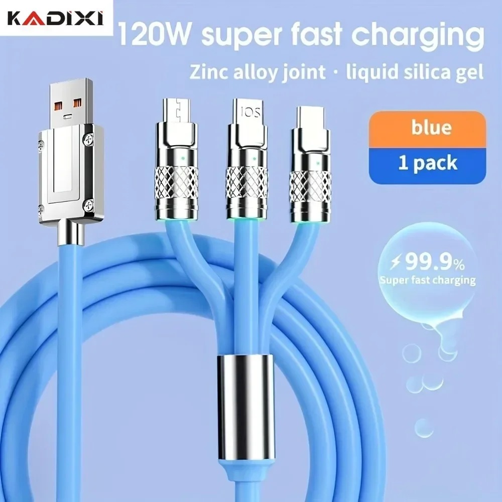 120W 3-in-1 Super Fast Charging Cable with Zinc Alloy & Lamp Wire Accessories for Android & Apple Devices