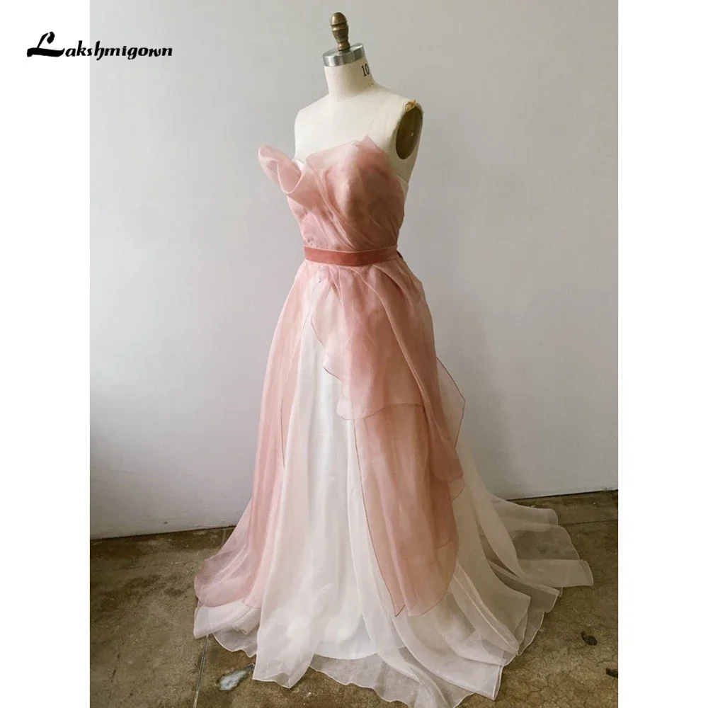 

Sexy Pink Strapless Sleeveless Belt Bow Netting A Line Wedding Dress For Women Boho Bridal Gowns Sweep Vestidos De Novia Robe De
