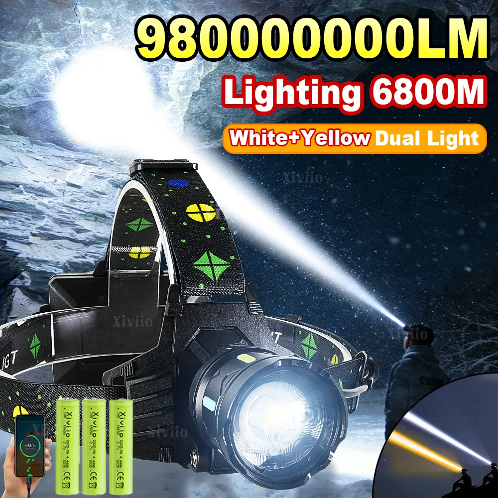 980000000LM Ultra Bright LED Headlamps High Power USB Rechargeable Headlights Dual Light Long Range Head Torch Fishing Adventure