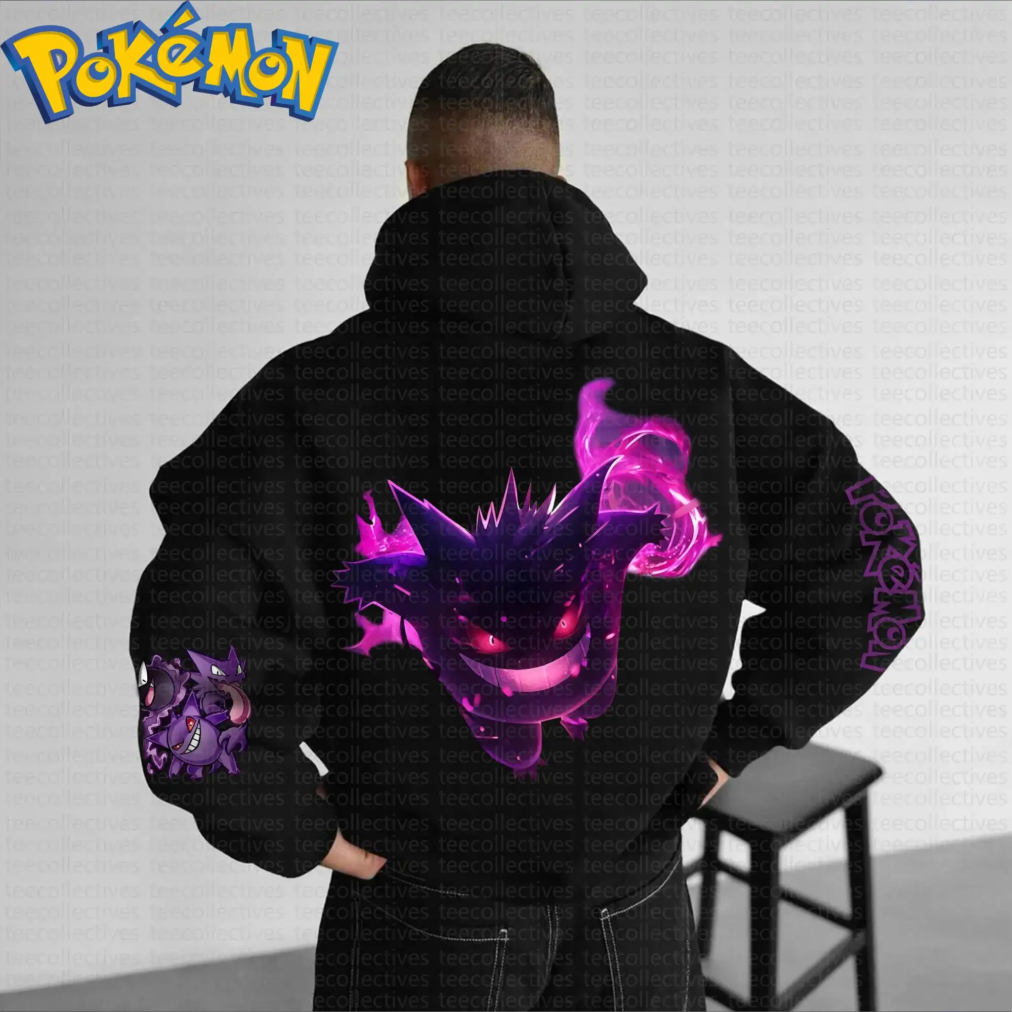 Pokemon anime gengar algodão hoodie cor preta personagem impressão com roxo fantasma brilhante efeito de energia padrão casual streetwear