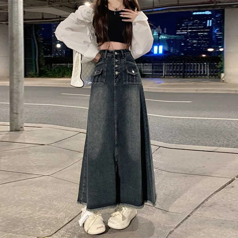 

Retro High Waist Slim Blue Raw Edge Denim Skirts 2023 Autumn Winter Fashion Women Skirts Preppy Style Loose Simple A-Line Skirts