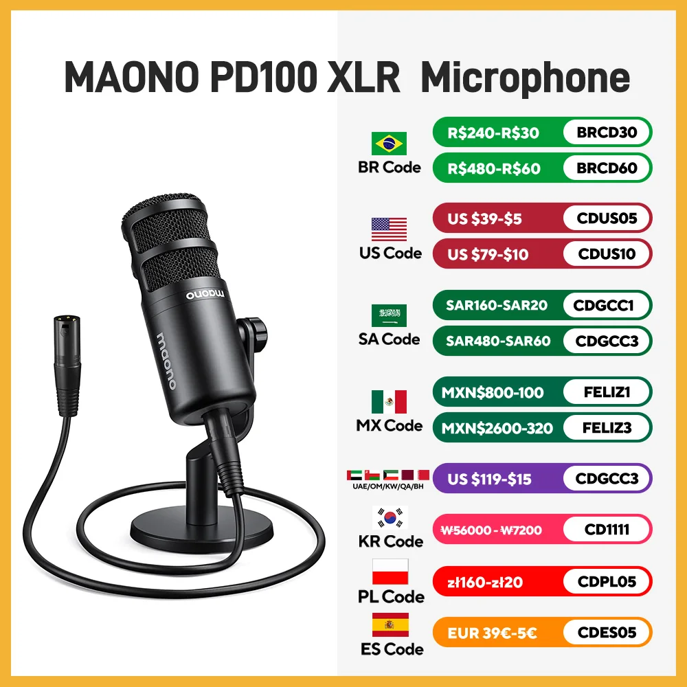 Maono Dynamic XLR PC Microphone All Metall Gaming Broadcast Recording Streaming Works for Audio Interface Sound Card Mixer PD100